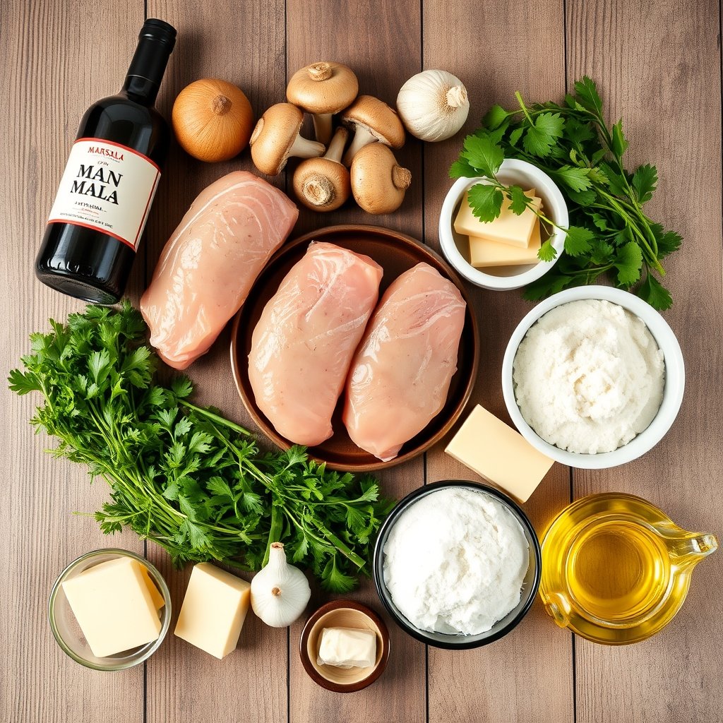 Ingredients for Olive Garden Stuffed Chicken Marsala arranged on a wooden board