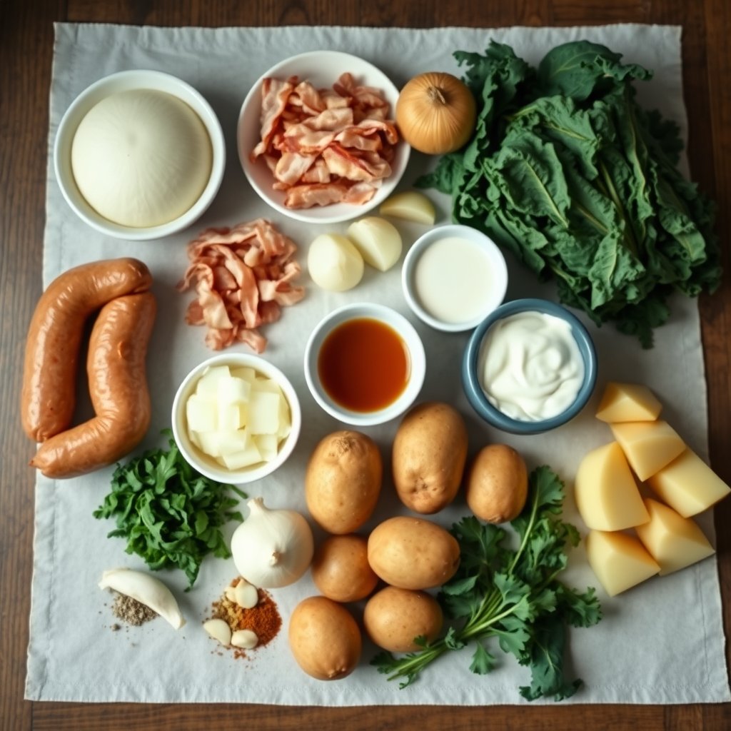 Ingredients for Olive Garden Zuppa Toscana arranged on a wooden board